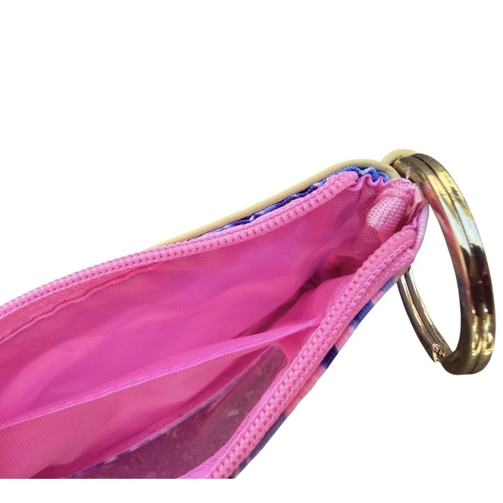 Lilly Pulitzer Zip ID Case Keychain Wallet Card Holder Blue Pink Print Gold Tone